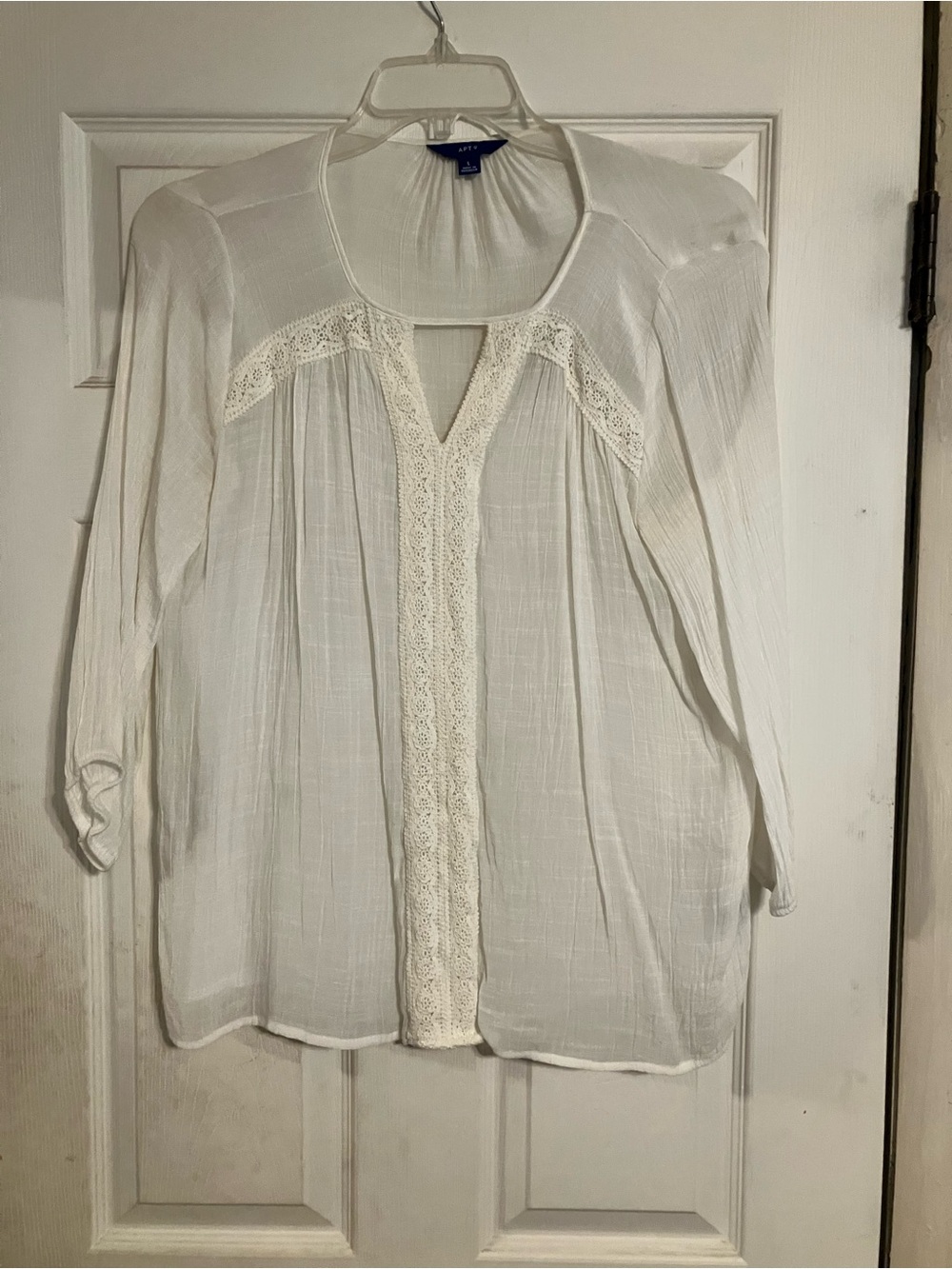 Women’s White Crochet Lace-Trim Peasant Blouse - Beautiful Detail - Size Medium